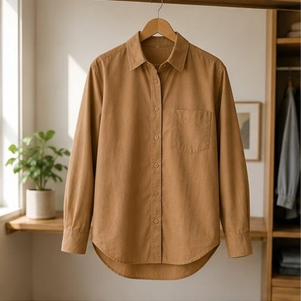 Camel Poplin Button Down Shirt